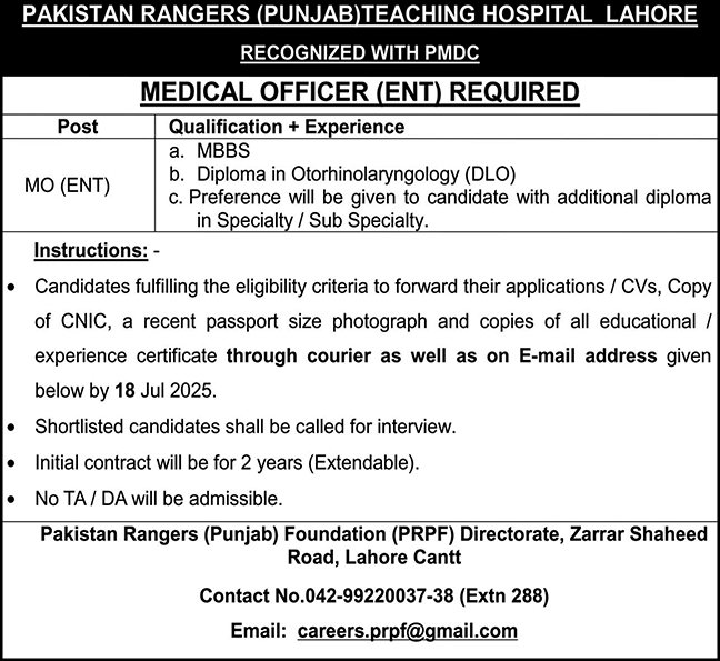 Medical Officer Jobs in Pakistan Rangers Foundation Lahore
